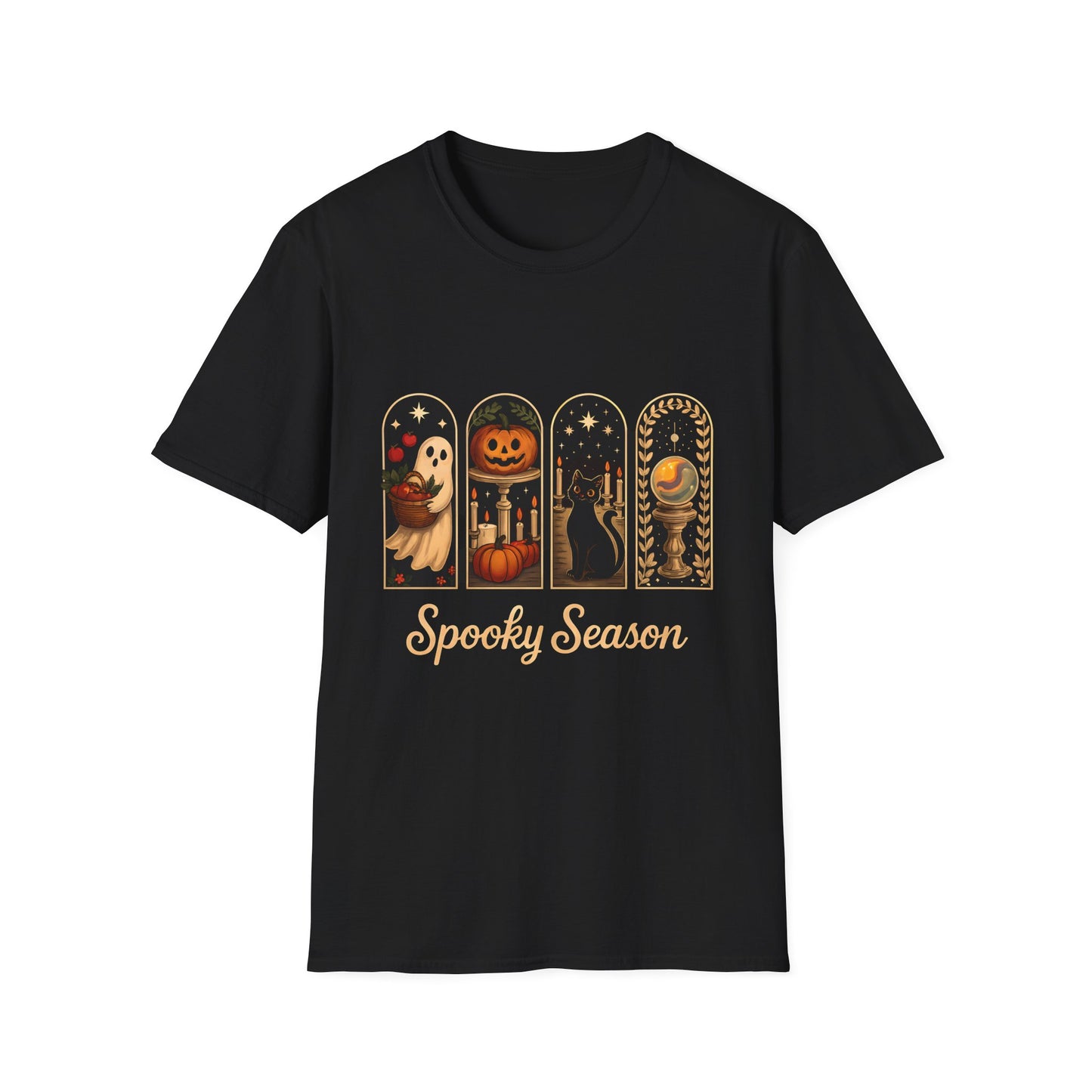 Spooky Season Halloween T-Shirt – Cute Ghost, Pumpkin, Black Cat & Crystal Ball Graphic Tee for Fall