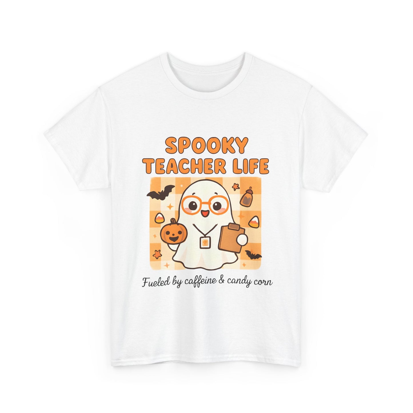 Spooky Teacher Life Halloween Unisex T-Shirt – Cute Ghost Teacher Tee Fueled by Caffeine & Candy Corn – Fall Teacher Shirt