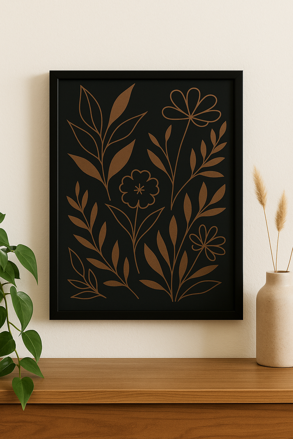 Midnight Garden Botanical Wall Art – Minimalist Floral Line Art Canvas Print, Modern Nature-Inspired Home Décor
