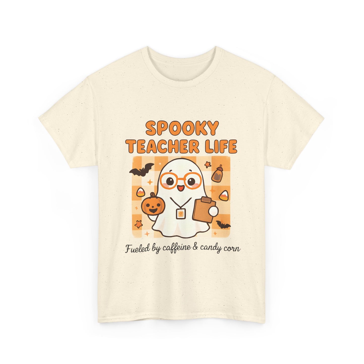 Spooky Teacher Life Halloween Unisex T-Shirt – Cute Ghost Teacher Tee Fueled by Caffeine & Candy Corn – Fall Teacher Shirt