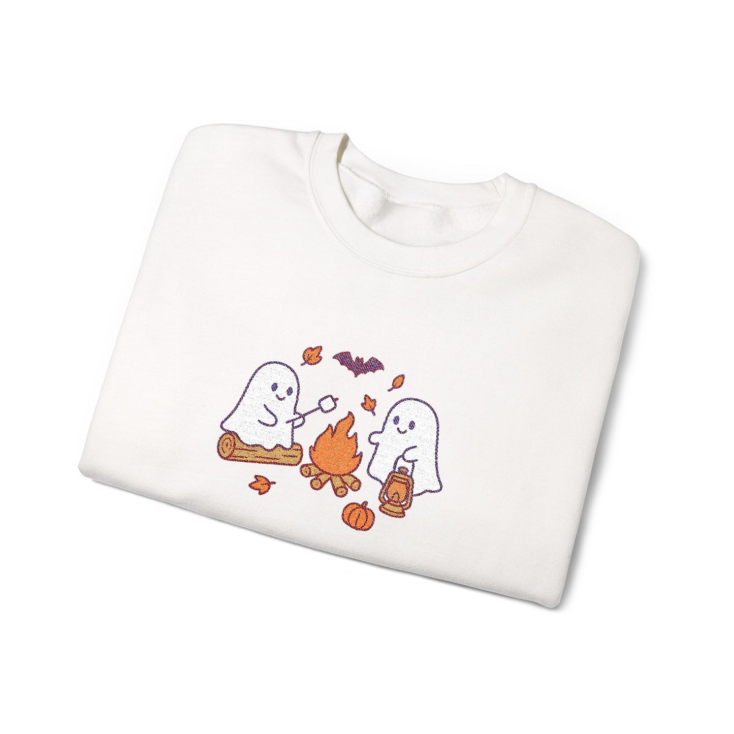 Cute Ghosts Campfire Embroidered Sweatshirt | Cozy Fall Halloween Crewneck | Spooky Season Autumn Pullover for Women & Men