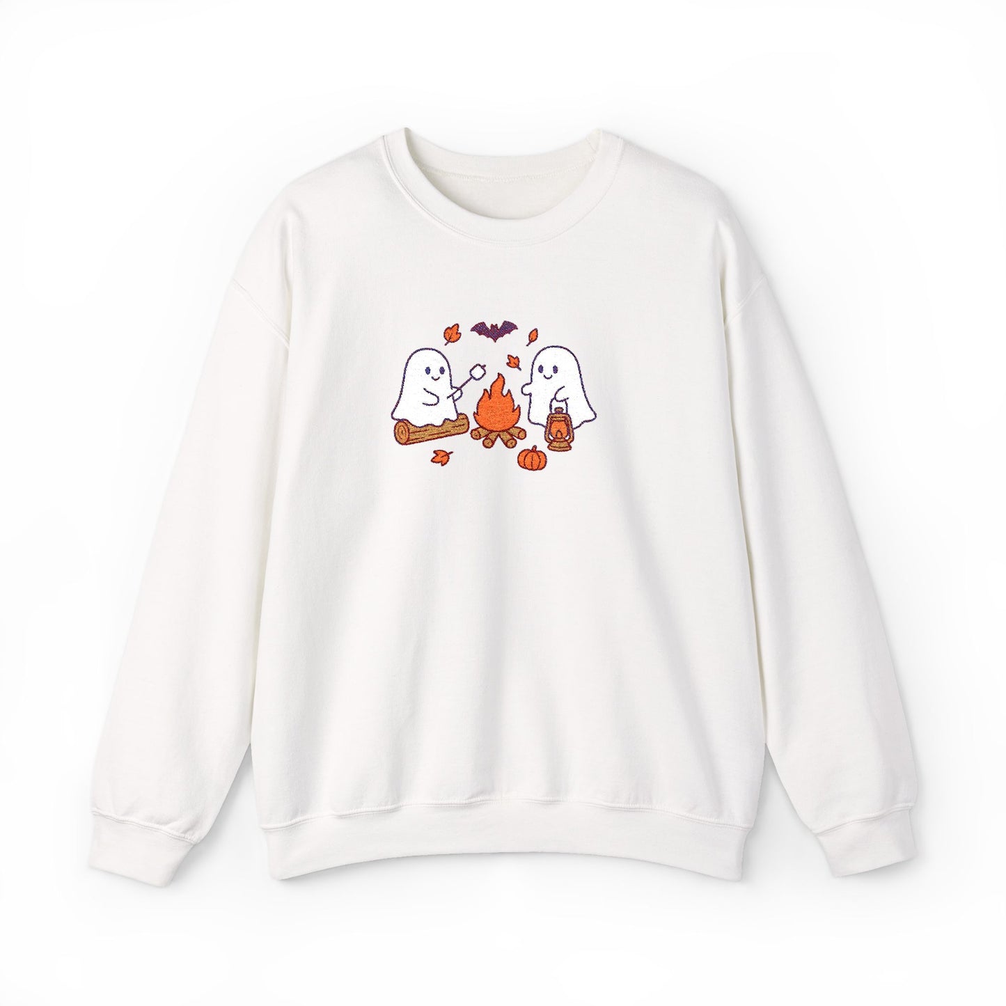 Cute Ghosts Campfire Embroidered Sweatshirt | Cozy Fall Halloween Crewneck | Spooky Season Autumn Pullover for Women & Men