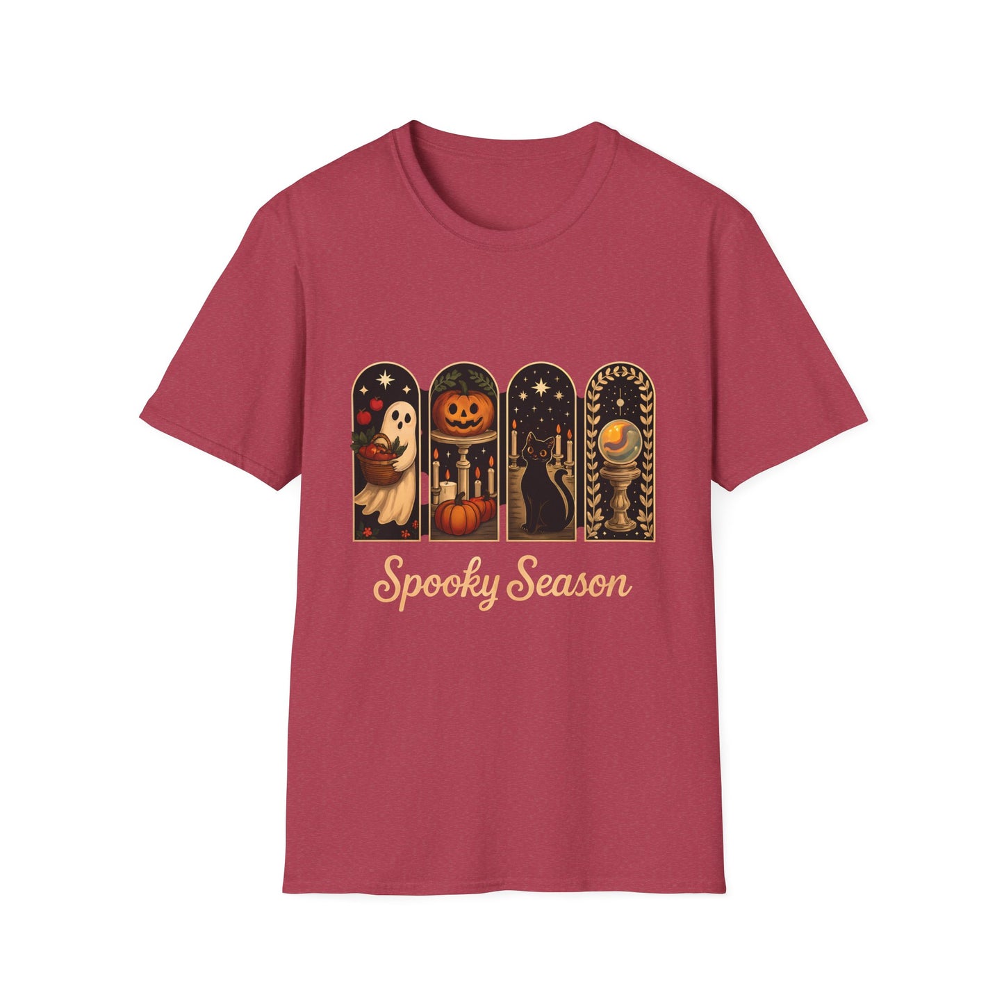 Spooky Season Halloween T-Shirt – Cute Ghost, Pumpkin, Black Cat & Crystal Ball Graphic Tee for Fall