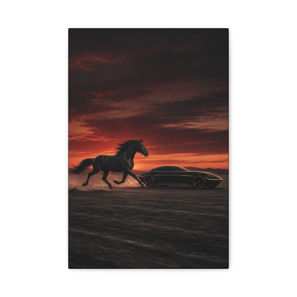 Horsepower Unleashed No. 7 – Black Stallion & Futuristic Car Canvas Wall Art