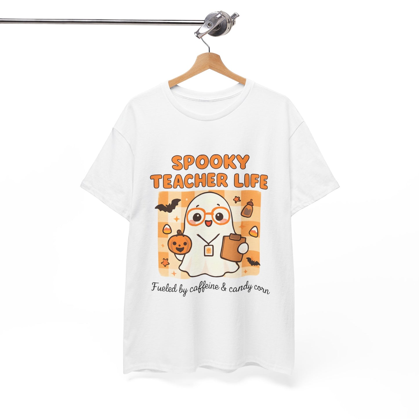 Spooky Teacher Life Halloween Unisex T-Shirt – Cute Ghost Teacher Tee Fueled by Caffeine & Candy Corn – Fall Teacher Shirt