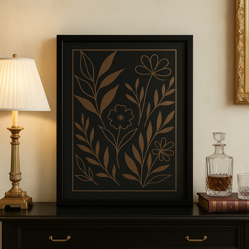 Midnight Garden Botanical Wall Art – Minimalist Floral Line Art Canvas Print, Modern Nature-Inspired Home Décor