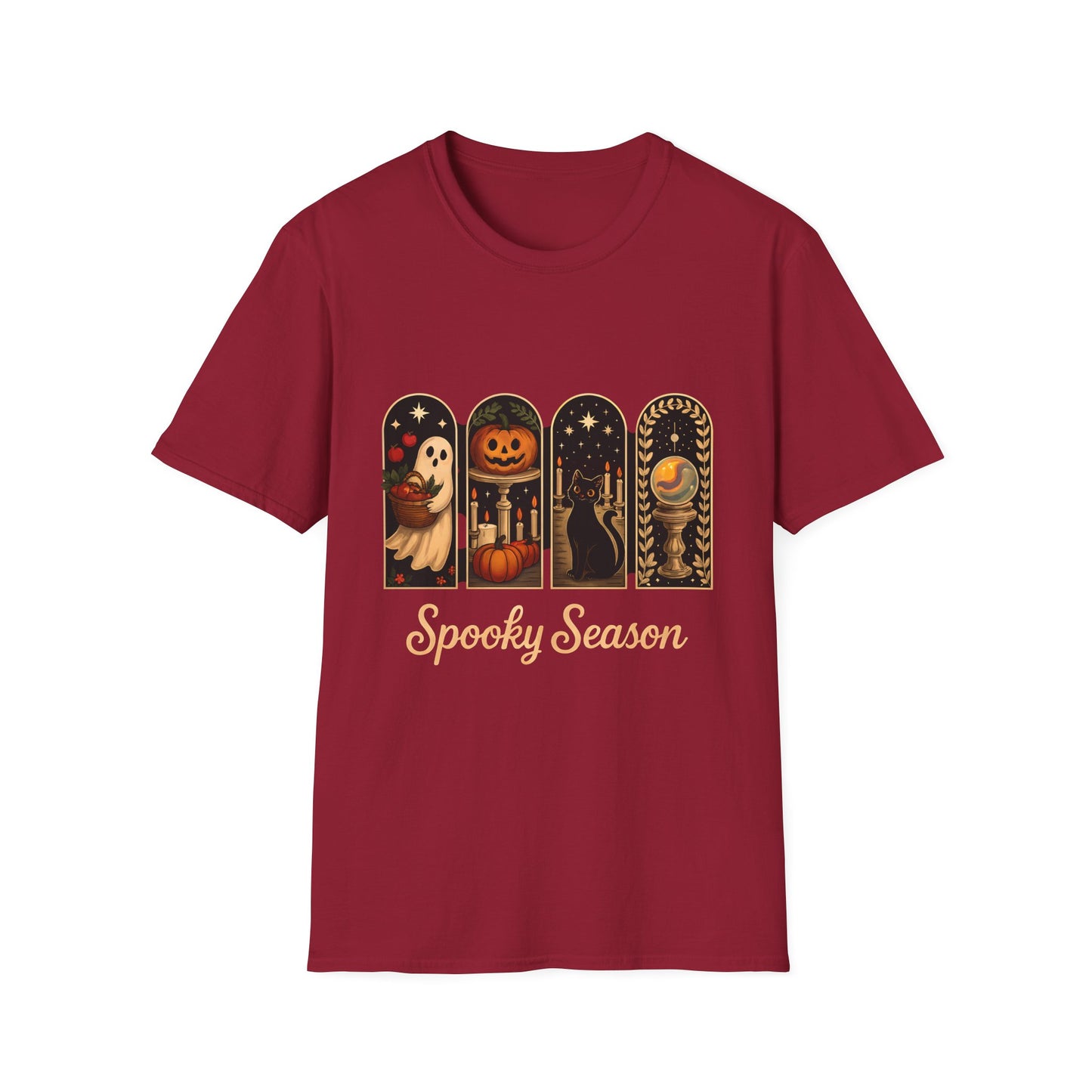 Spooky Season Halloween T-Shirt – Cute Ghost, Pumpkin, Black Cat & Crystal Ball Graphic Tee for Fall
