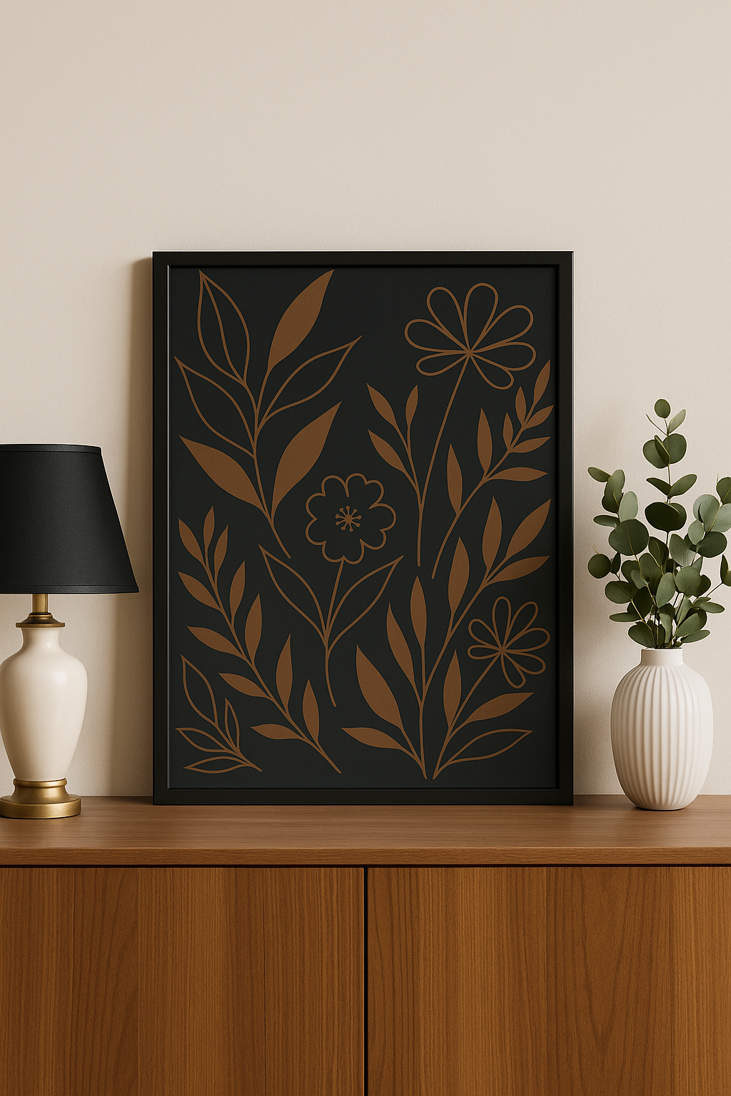 Midnight Garden Botanical Wall Art – Minimalist Floral Line Art Canvas Print, Modern Nature-Inspired Home Décor