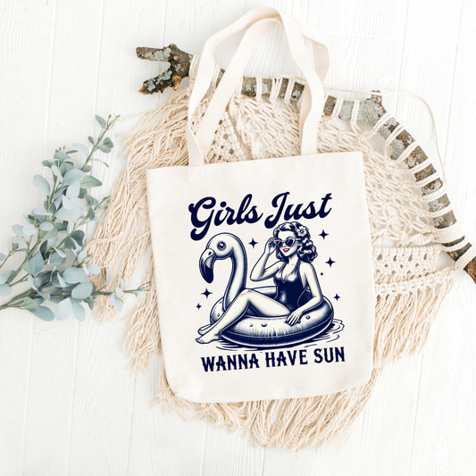 Girls Just Wanna Have Sun Tote Bag, Retro Summer Beach Bag for Women, Funny Flamingo Vintage Design, Cute Vacation Gift for Her