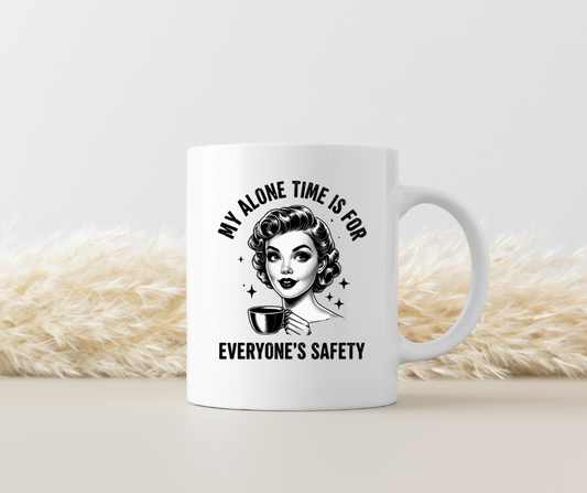 My Alone Time Is for Everyones Safety Mug, Funny Retro Coffee Cup for Introverts, Moms, Coworkers,Vintage Sarcastic Gift for Women & Friends