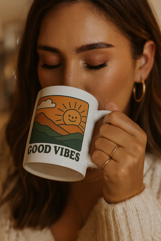 Good Vibes Coffee Mug – 11oz & 15oz Ceramic Cup with Retro Sunshine Design for Positive Morning Energy