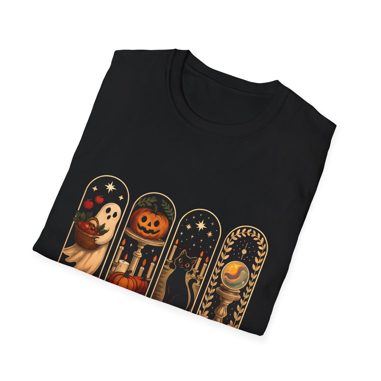 Spooky Season Halloween T-Shirt – Cute Ghost, Pumpkin, Black Cat & Crystal Ball Graphic Tee for Fall