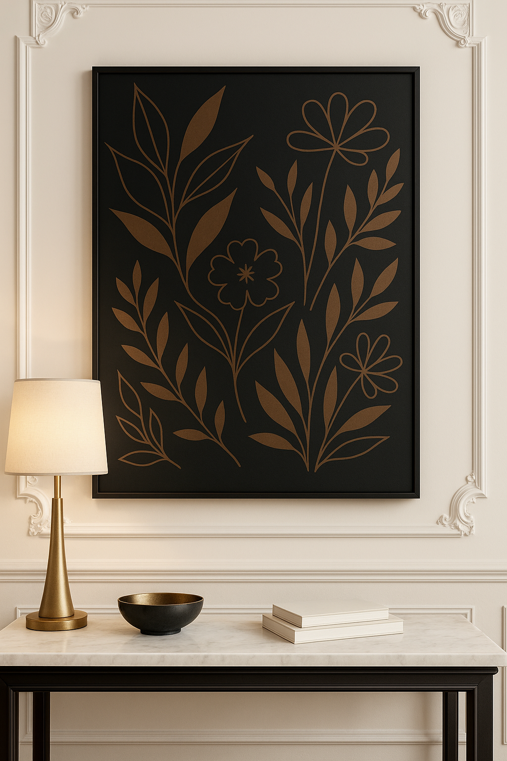 Midnight Garden Botanical Wall Art – Minimalist Floral Line Art Canvas Print, Modern Nature-Inspired Home Décor