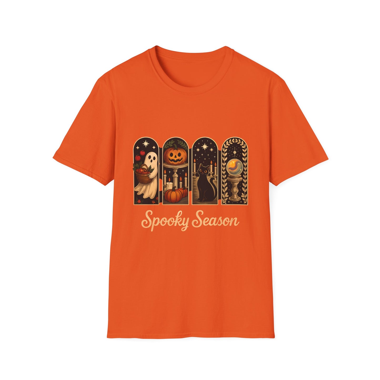 Spooky Season Halloween T-Shirt – Cute Ghost, Pumpkin, Black Cat & Crystal Ball Graphic Tee for Fall
