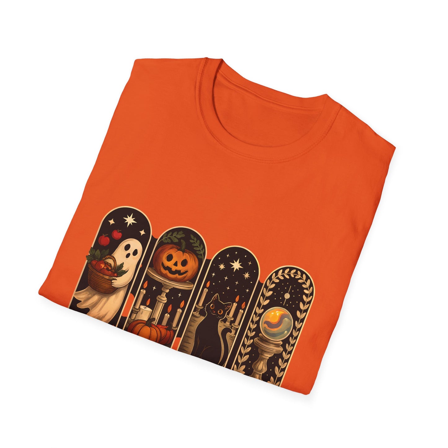 Spooky Season Halloween T-Shirt – Cute Ghost, Pumpkin, Black Cat & Crystal Ball Graphic Tee for Fall