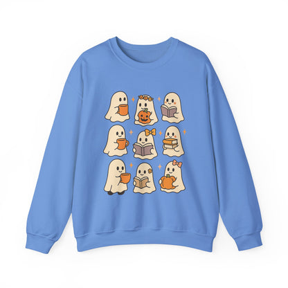 Cute Ghost Unisex Sweatshirt – Cozy Fall & Halloween Crewneck for Book Lovers, Coffee Drinkers & Pumpkin Season