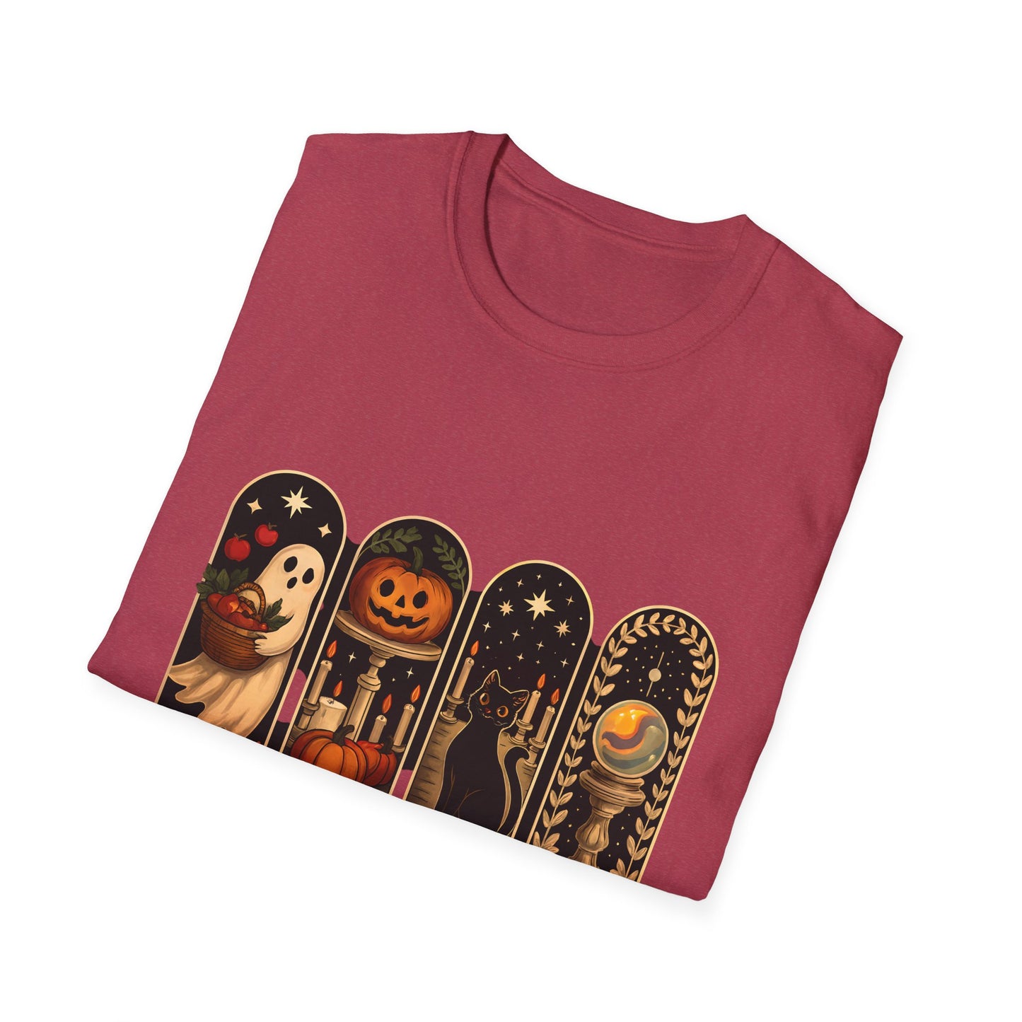 Spooky Season Halloween T-Shirt – Cute Ghost, Pumpkin, Black Cat & Crystal Ball Graphic Tee for Fall