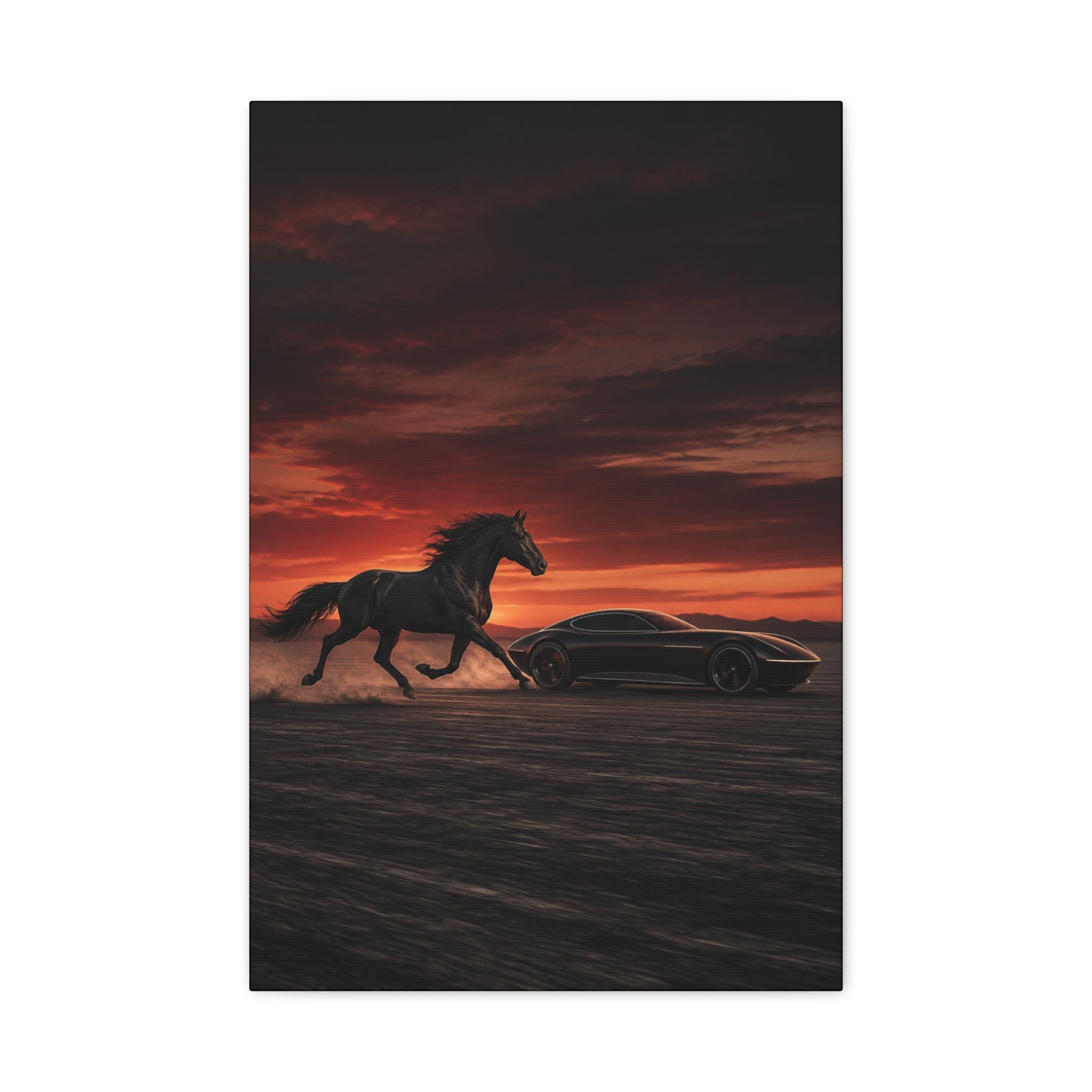 Horsepower Unleashed No. 7 – Black Stallion & Futuristic Car Canvas Wall Art