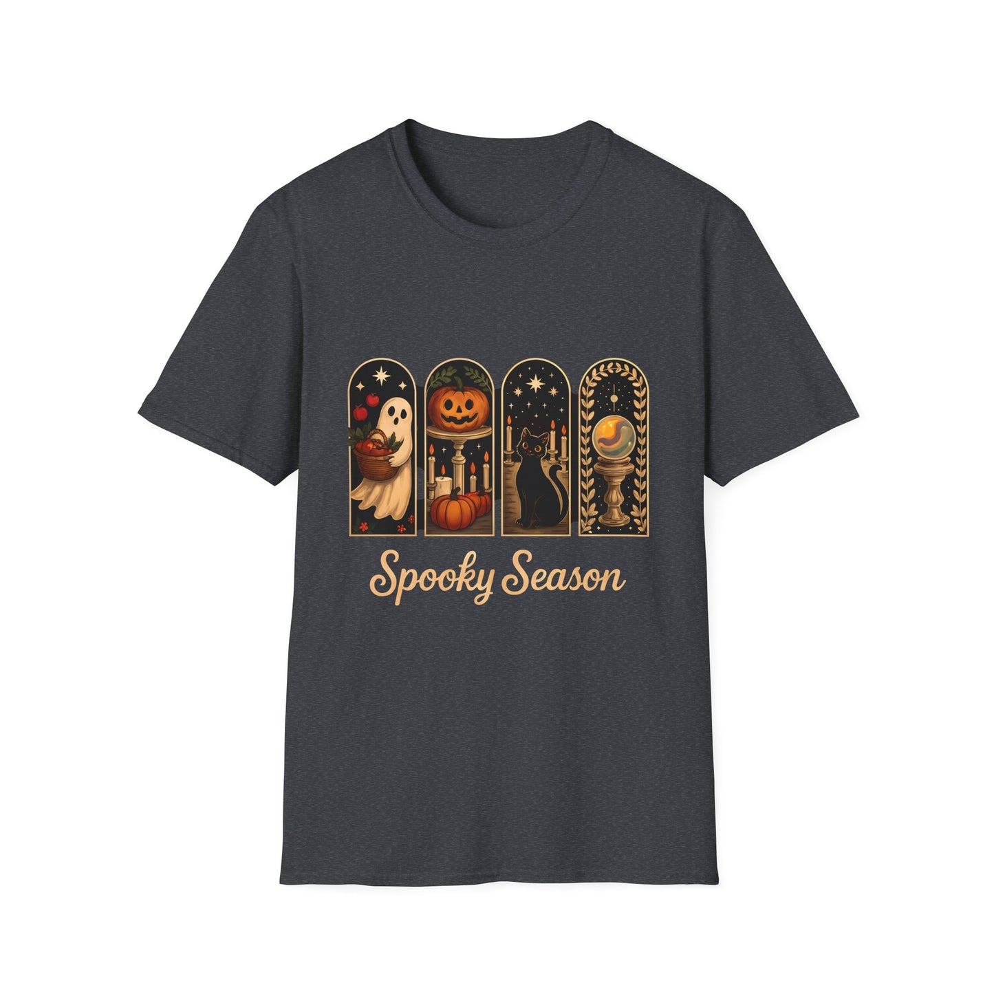 Spooky Season Halloween T-Shirt – Cute Ghost, Pumpkin, Black Cat & Crystal Ball Graphic Tee for Fall