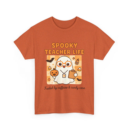 Spooky Teacher Life Halloween Unisex T-Shirt – Cute Ghost Teacher Tee Fueled by Caffeine & Candy Corn – Fall Teacher Shirt