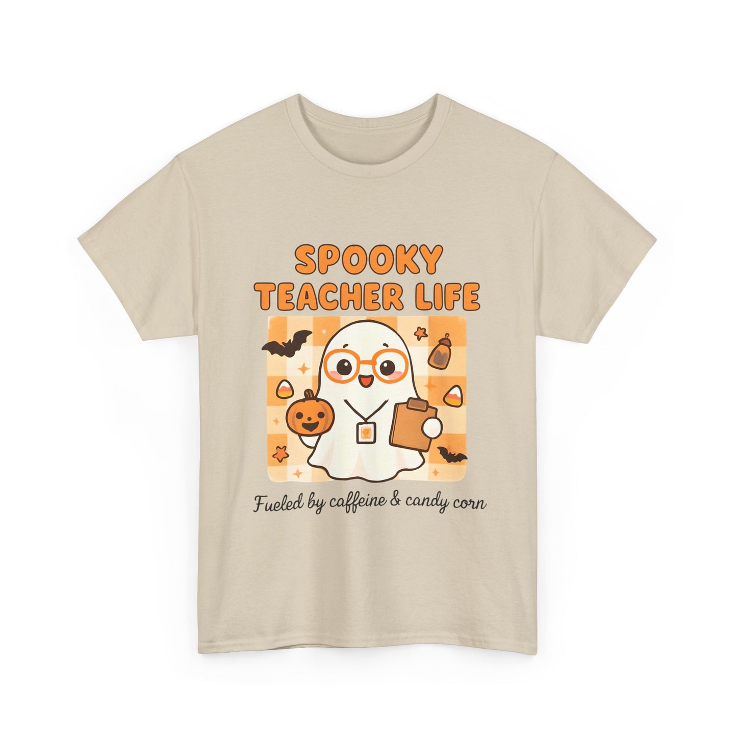 Spooky Teacher Life Halloween Unisex T-Shirt – Cute Ghost Teacher Tee Fueled by Caffeine & Candy Corn – Fall Teacher Shirt