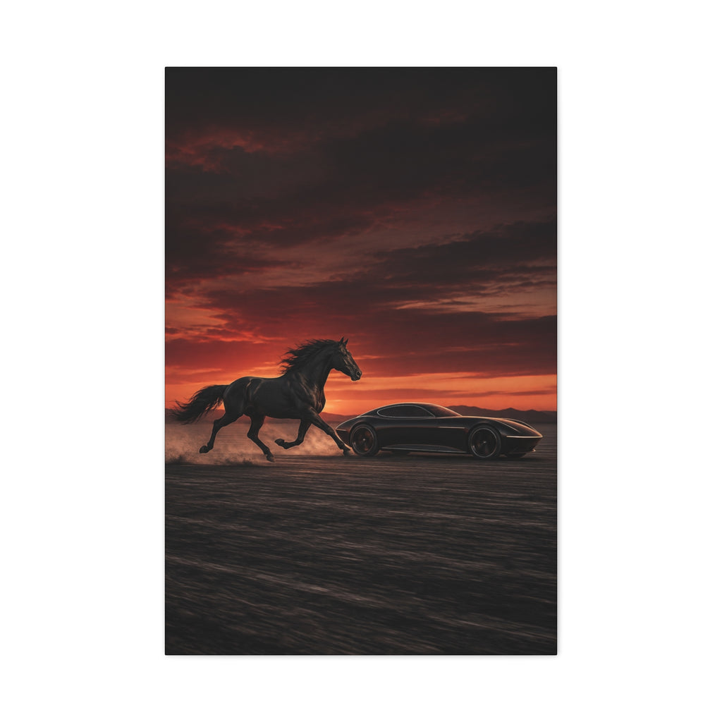 Horsepower Unleashed No. 7 – Black Stallion & Futuristic Car Canvas Wall Art