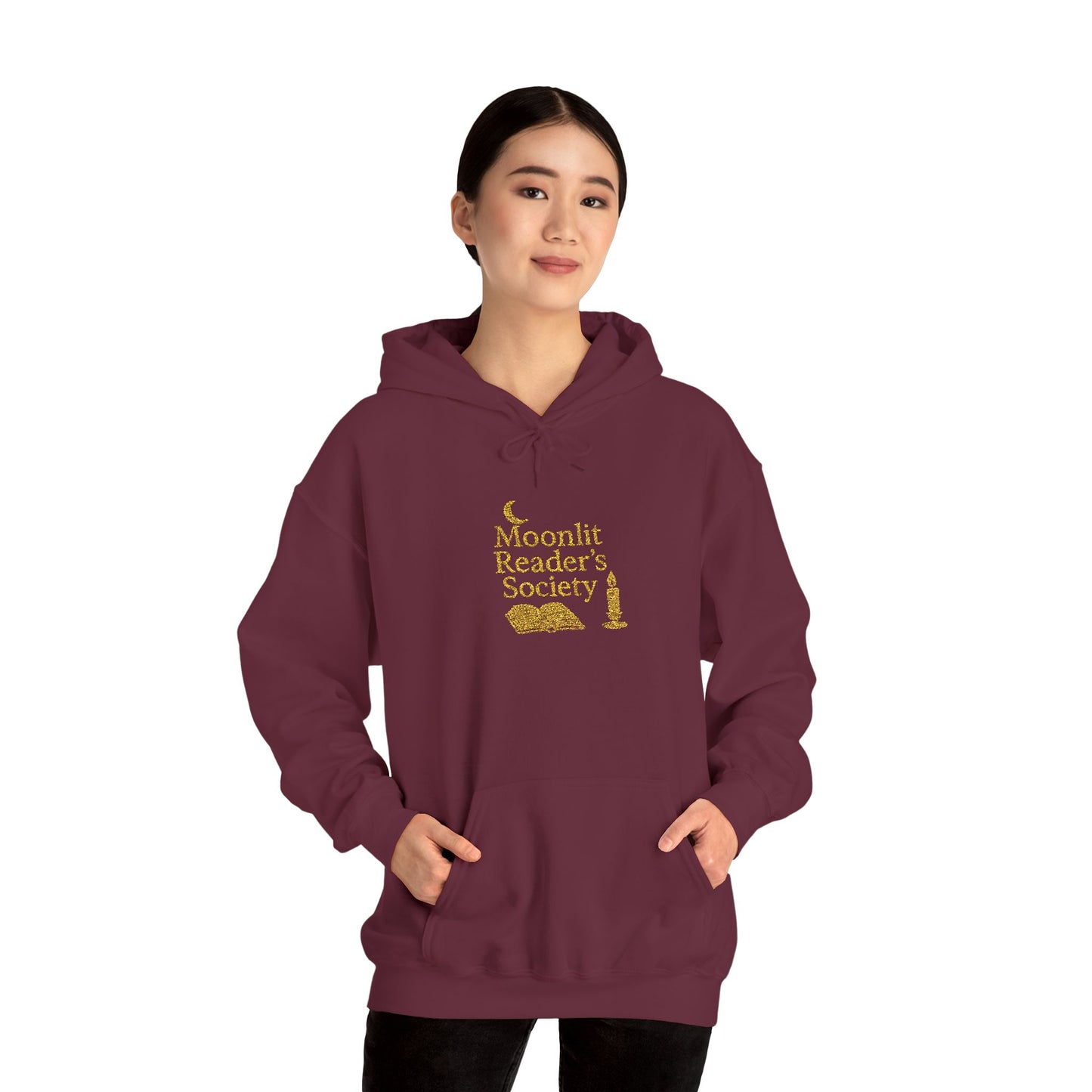 Moonlit Reader’s Society Hoodie – Cozy Book Lover Pullover for Night Readers (Maroon)
