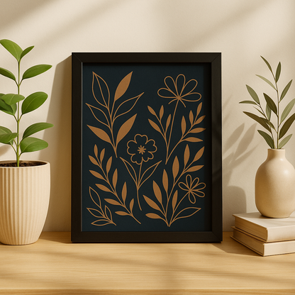 Midnight Garden Botanical Wall Art – Minimalist Floral Line Art Canvas Print, Modern Nature-Inspired Home Décor