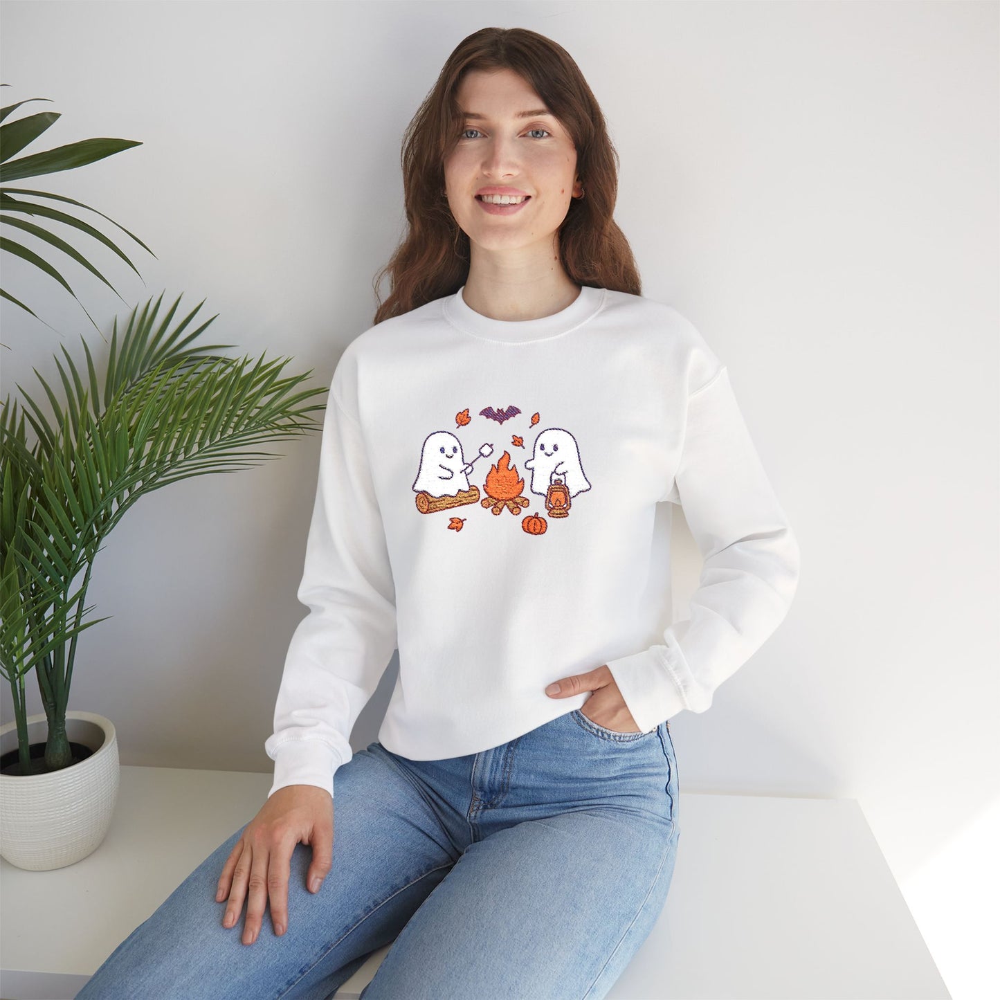Cute Ghosts Campfire Embroidered Sweatshirt | Cozy Fall Halloween Crewneck | Spooky Season Autumn Pullover for Women & Men