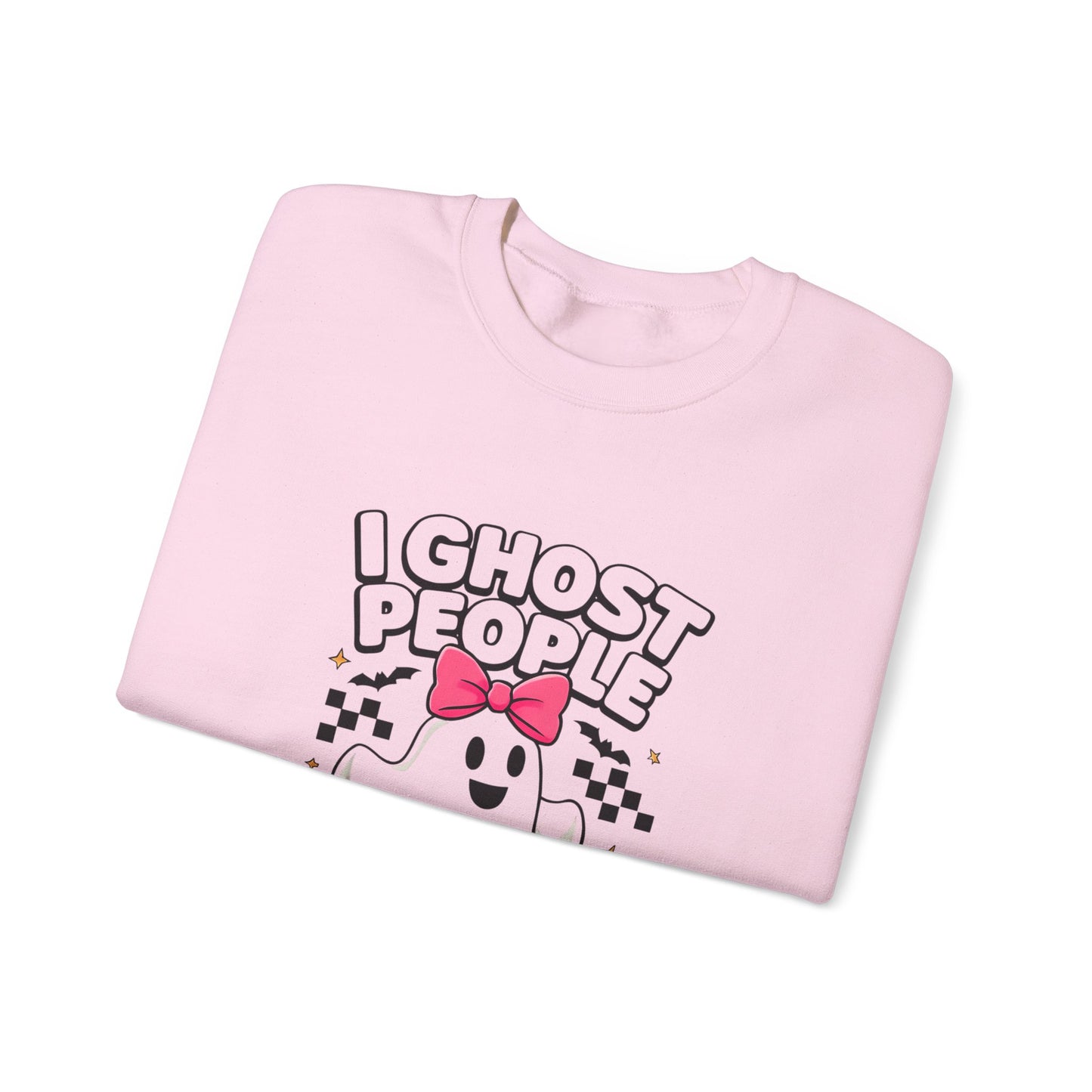 "I Ghost People All Year Round" Funny Halloween Sweatshirt – Cute Spooky Ghost Crewneck for Women – Cozy Fall Graphic Pullover
