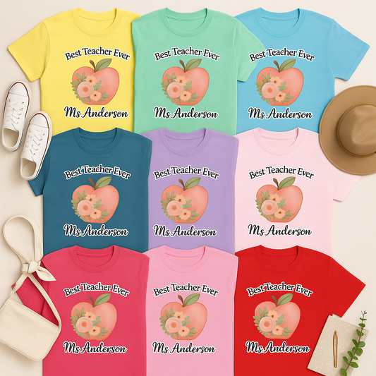 Best Teacher Ever Personalized Gift – Custom Name Floral Apple Design on T-Shirt, Mug, Tote & More – Teacher Appreciation Gift