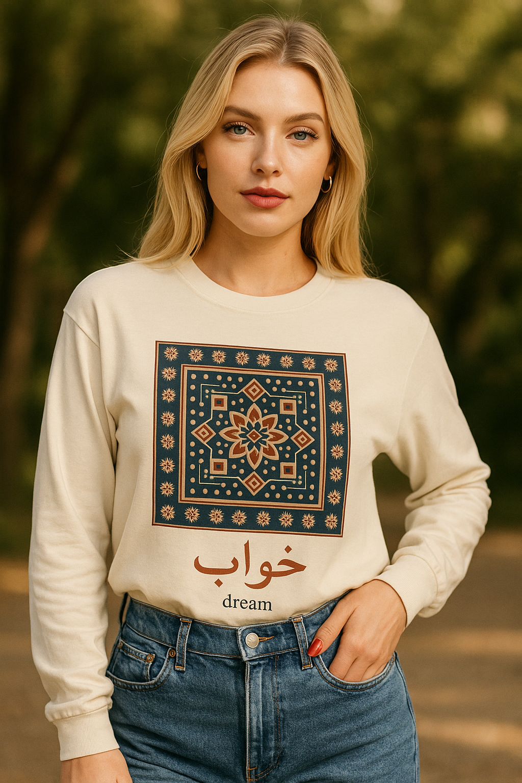Dream Calligraphy Shirt – Arabic Aesthetic Long Sleeve – Modern Minimal Tile Art Graphic Tee – Cultural Unisex Top – Artsy Gift Idea