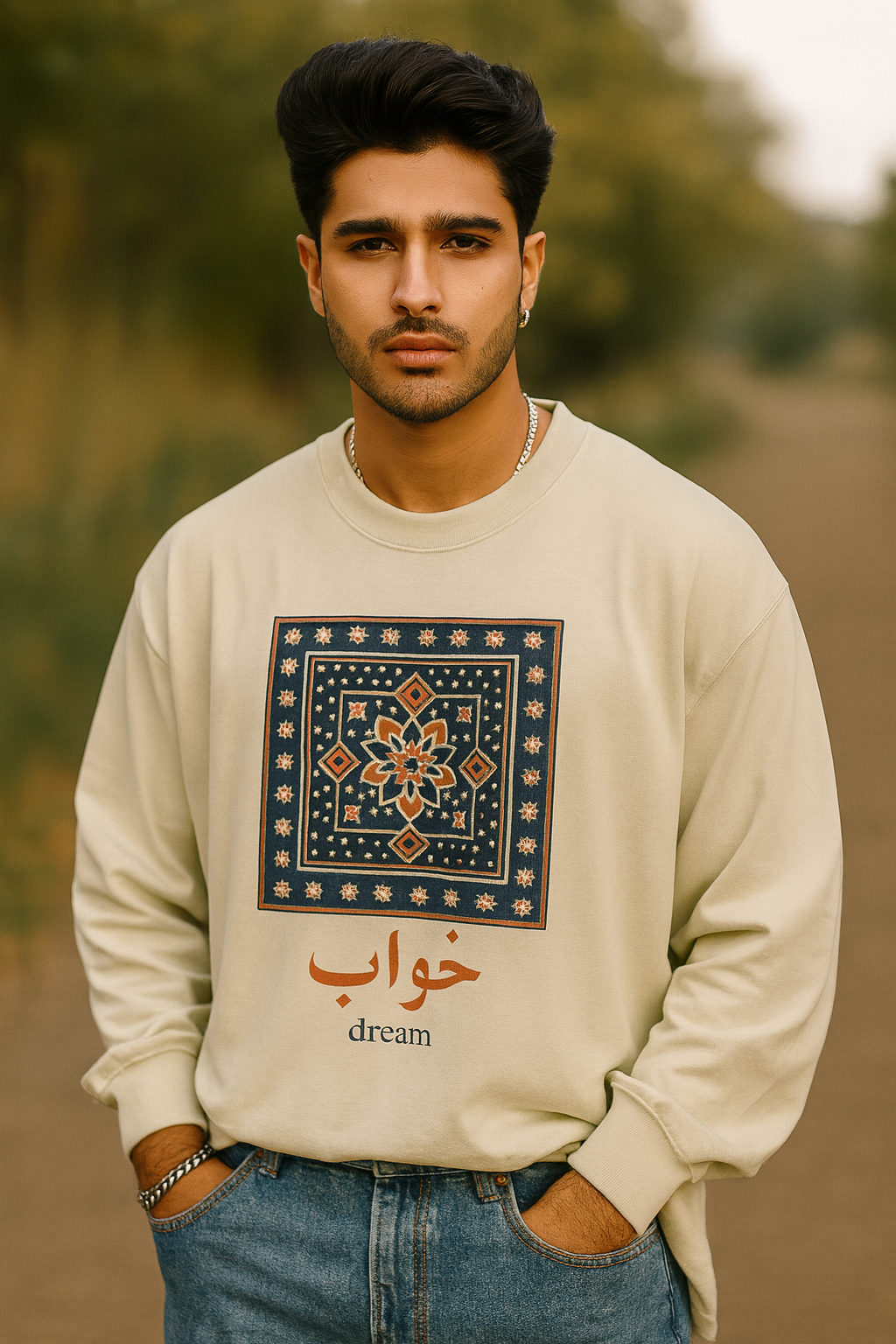 Dream Calligraphy Shirt – Arabic Aesthetic Long Sleeve – Modern Minimal Tile Art Graphic Tee – Cultural Unisex Top – Artsy Gift Idea