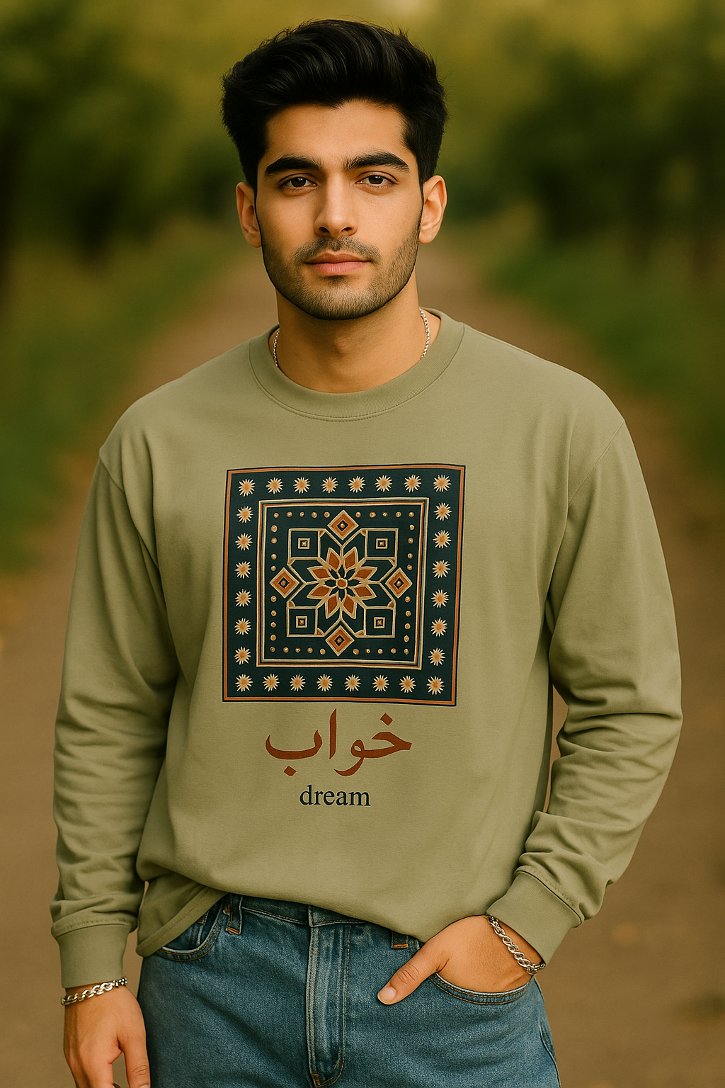 Dream Calligraphy Shirt – Arabic Aesthetic Long Sleeve – Modern Minimal Tile Art Graphic Tee – Cultural Unisex Top – Artsy Gift Idea