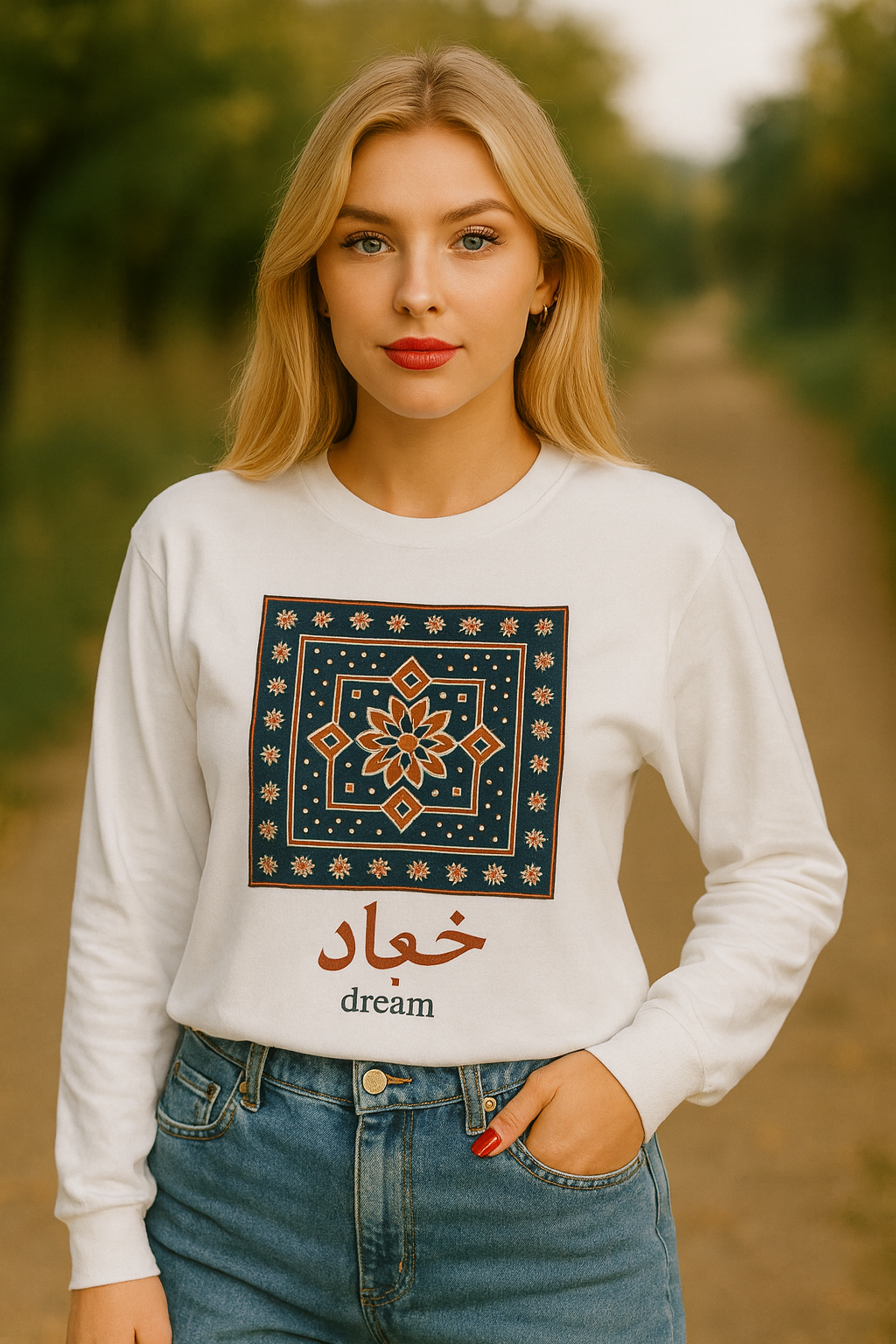 Dream Calligraphy Shirt – Arabic Aesthetic Long Sleeve – Modern Minimal Tile Art Graphic Tee – Cultural Unisex Top – Artsy Gift Idea