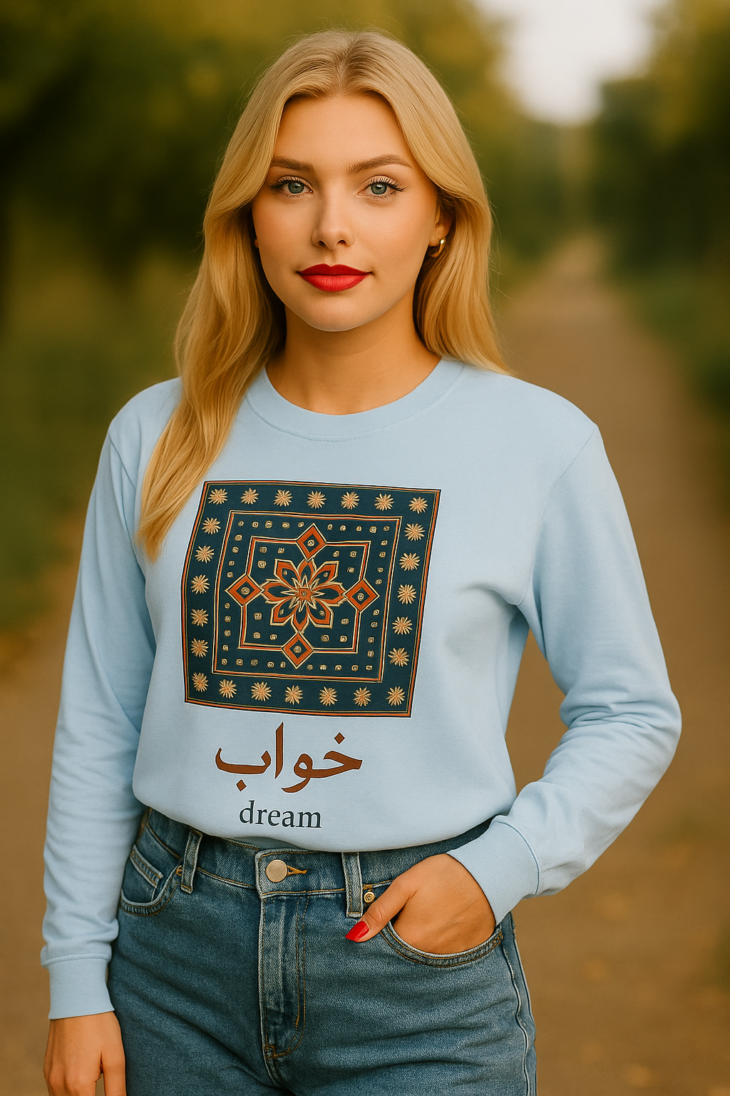 Dream Calligraphy Shirt – Arabic Aesthetic Long Sleeve – Modern Minimal Tile Art Graphic Tee – Cultural Unisex Top – Artsy Gift Idea