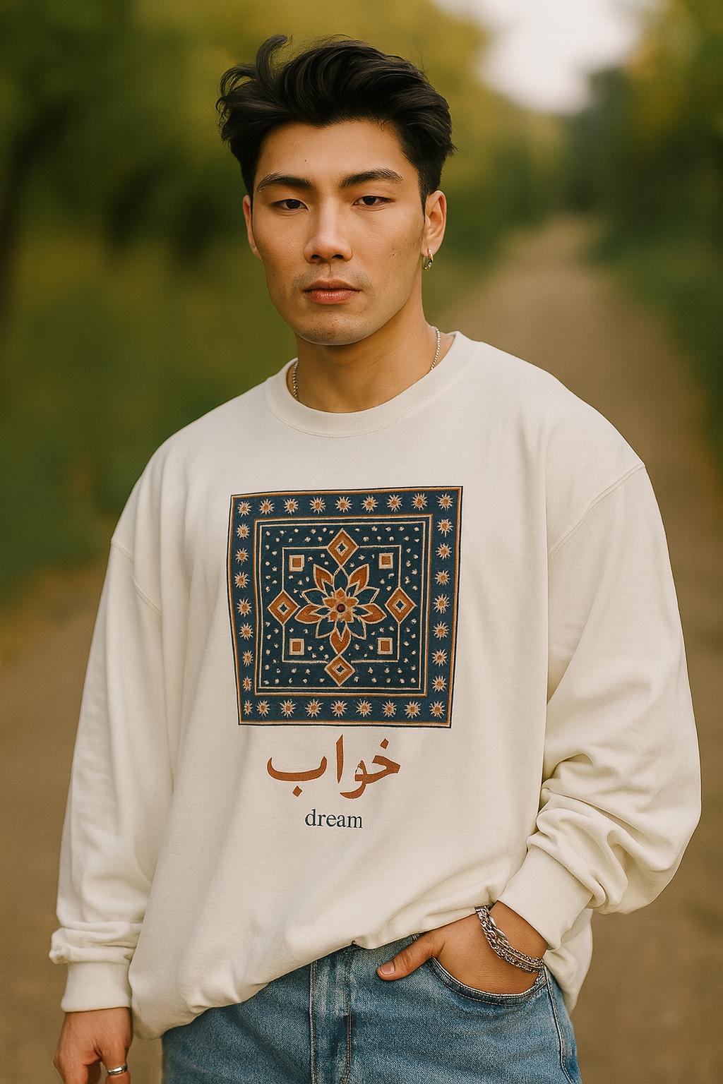 Dream Calligraphy Shirt – Arabic Aesthetic Long Sleeve – Modern Minimal Tile Art Graphic Tee – Cultural Unisex Top – Artsy Gift Idea