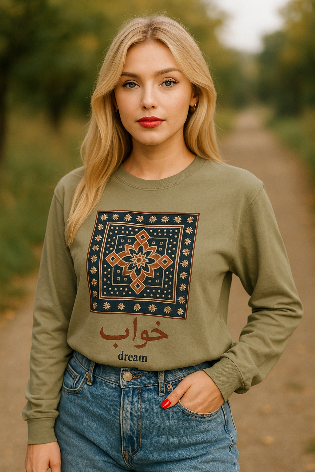 Dream Calligraphy Shirt – Arabic Aesthetic Long Sleeve – Modern Minimal Tile Art Graphic Tee – Cultural Unisex Top – Artsy Gift Idea