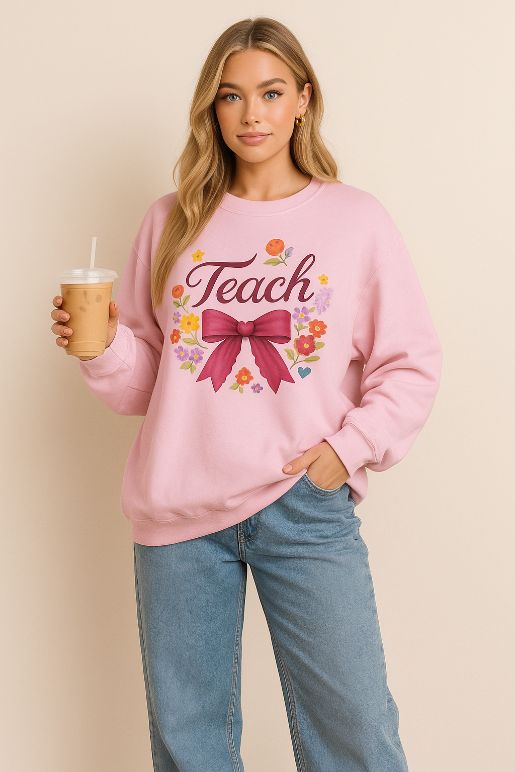 Cute Teacher Long Sleeve Shirt – Floral Teach Bow Sweatshirt – Teacher Appreciation Gift Idea- Teacher Long Sleeve Tee, Educator Gift, Cute Teacher Shirt, Classroom Style, Teacher Appreciation