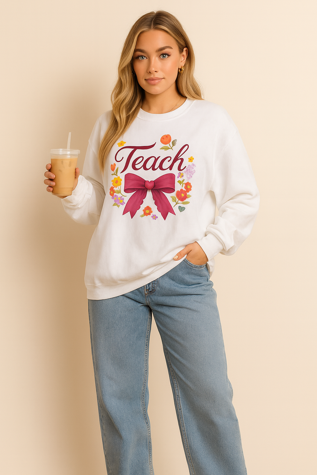 Cute Teacher Long Sleeve Shirt – Floral Teach Bow Sweatshirt – Teacher Appreciation Gift Idea- Teacher Long Sleeve Tee, Educator Gift, Cute Teacher Shirt, Classroom Style, Teacher Appreciation