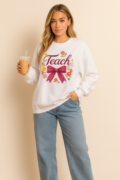 Cute Teacher Long Sleeve Shirt – Floral Teach Bow Sweatshirt – Teacher Appreciation Gift Idea- Teacher Long Sleeve Tee, Educator Gift, Cute Teacher Shirt, Classroom Style, Teacher Appreciation