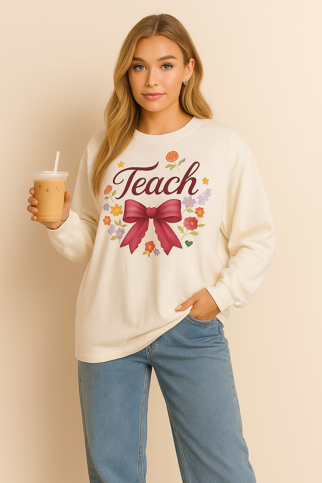 Cute Teacher Long Sleeve Shirt – Floral Teach Bow Sweatshirt – Teacher Appreciation Gift Idea- Teacher Long Sleeve Tee, Educator Gift, Cute Teacher Shirt, Classroom Style, Teacher Appreciation