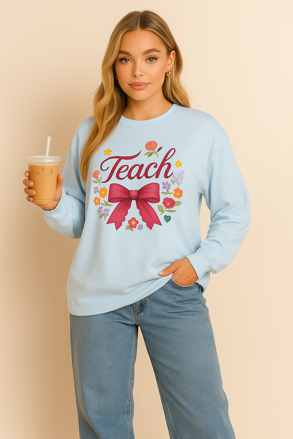 Cute Teacher Long Sleeve Shirt – Floral Teach Bow Sweatshirt – Teacher Appreciation Gift Idea- Teacher Long Sleeve Tee, Educator Gift, Cute Teacher Shirt, Classroom Style, Teacher Appreciation
