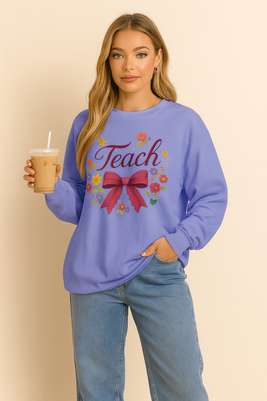 Cute Teacher Long Sleeve Shirt – Floral Teach Bow Sweatshirt – Teacher Appreciation Gift Idea- Teacher Long Sleeve Tee, Educator Gift, Cute Teacher Shirt, Classroom Style, Teacher Appreciation