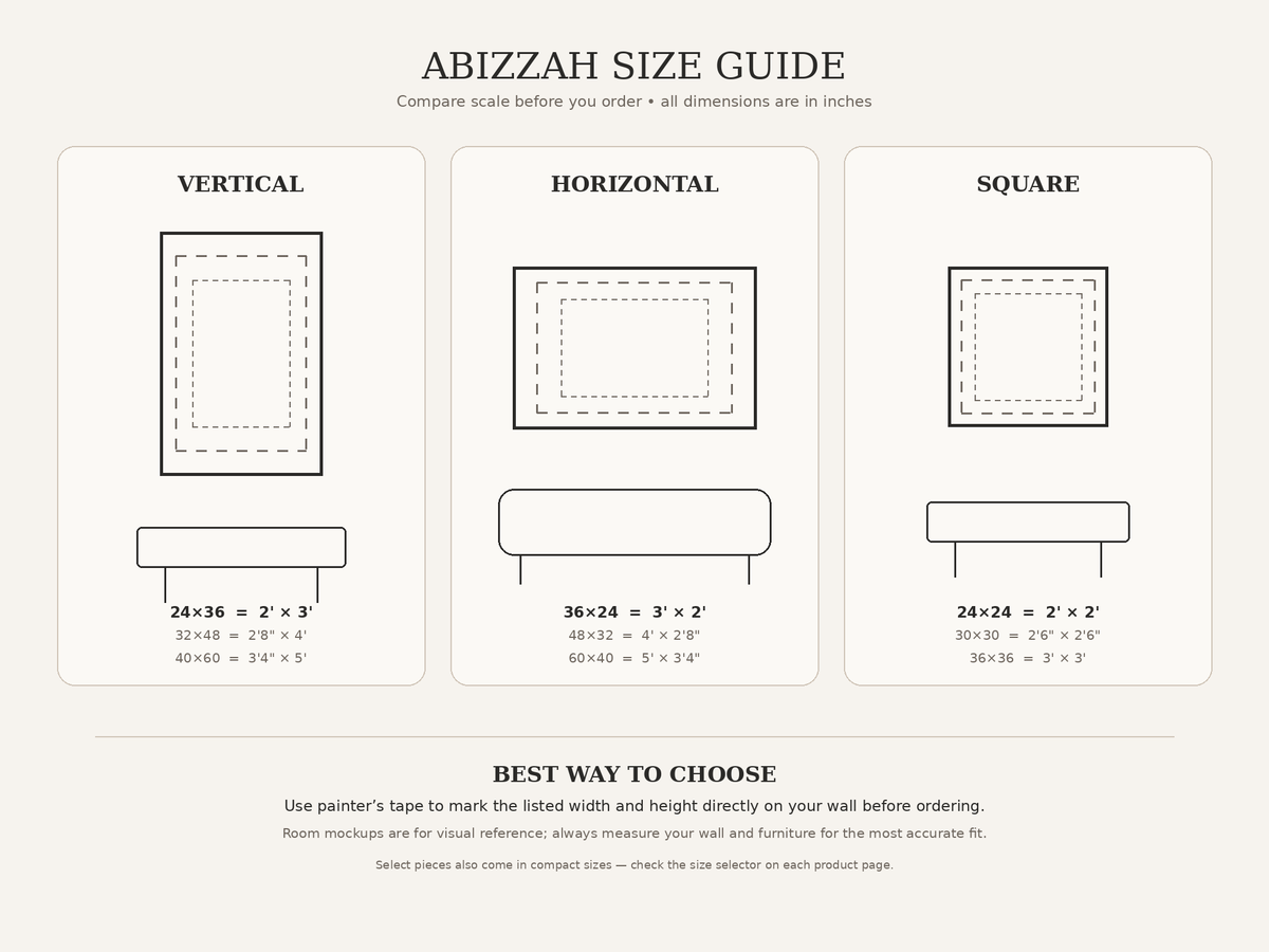 Abizzah wall art size guide comparing vertical, horizontal and square canvas dimensions