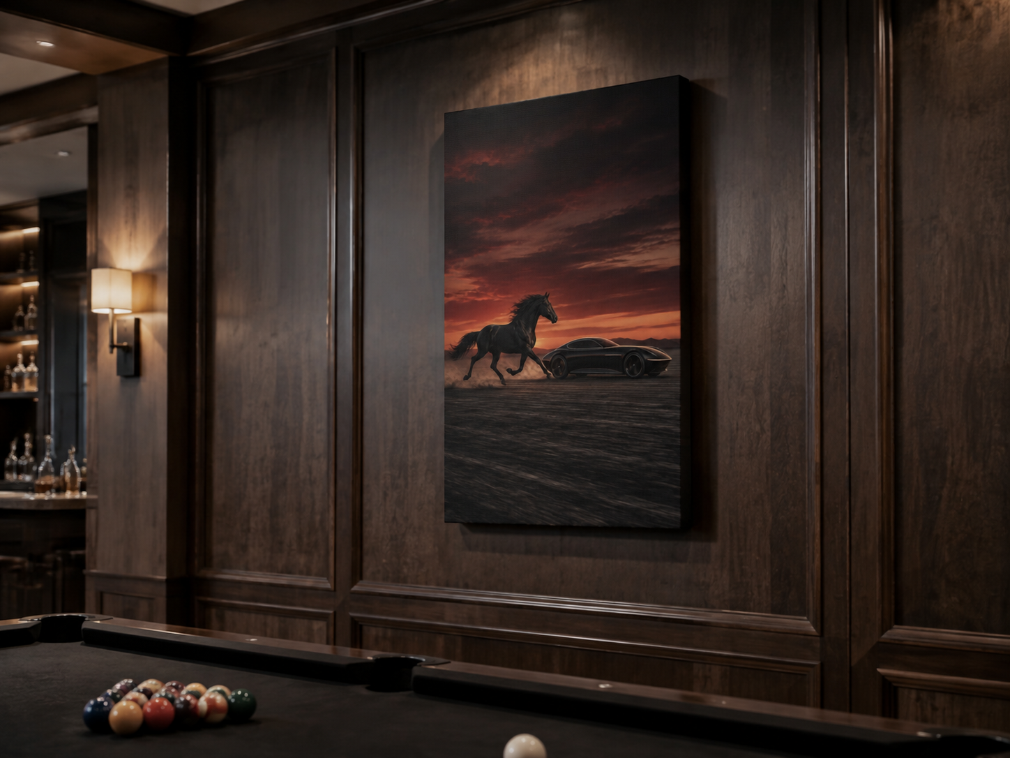 Horsepower Unleashed No. 7 – Black Stallion & Futuristic Car Canvas Wall Art