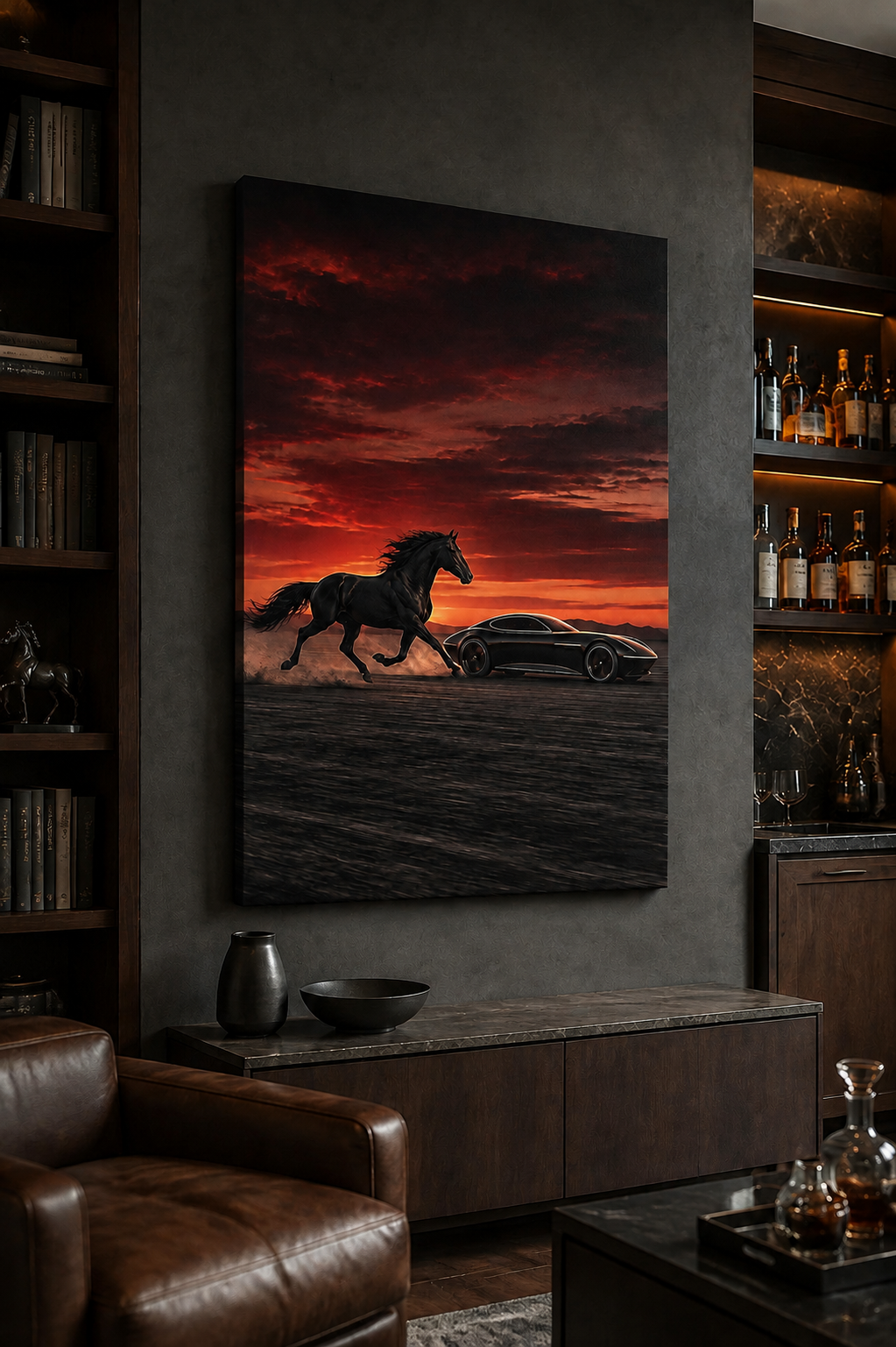 Horsepower Unleashed No. 7 – Black Stallion & Futuristic Car Canvas Wall Art