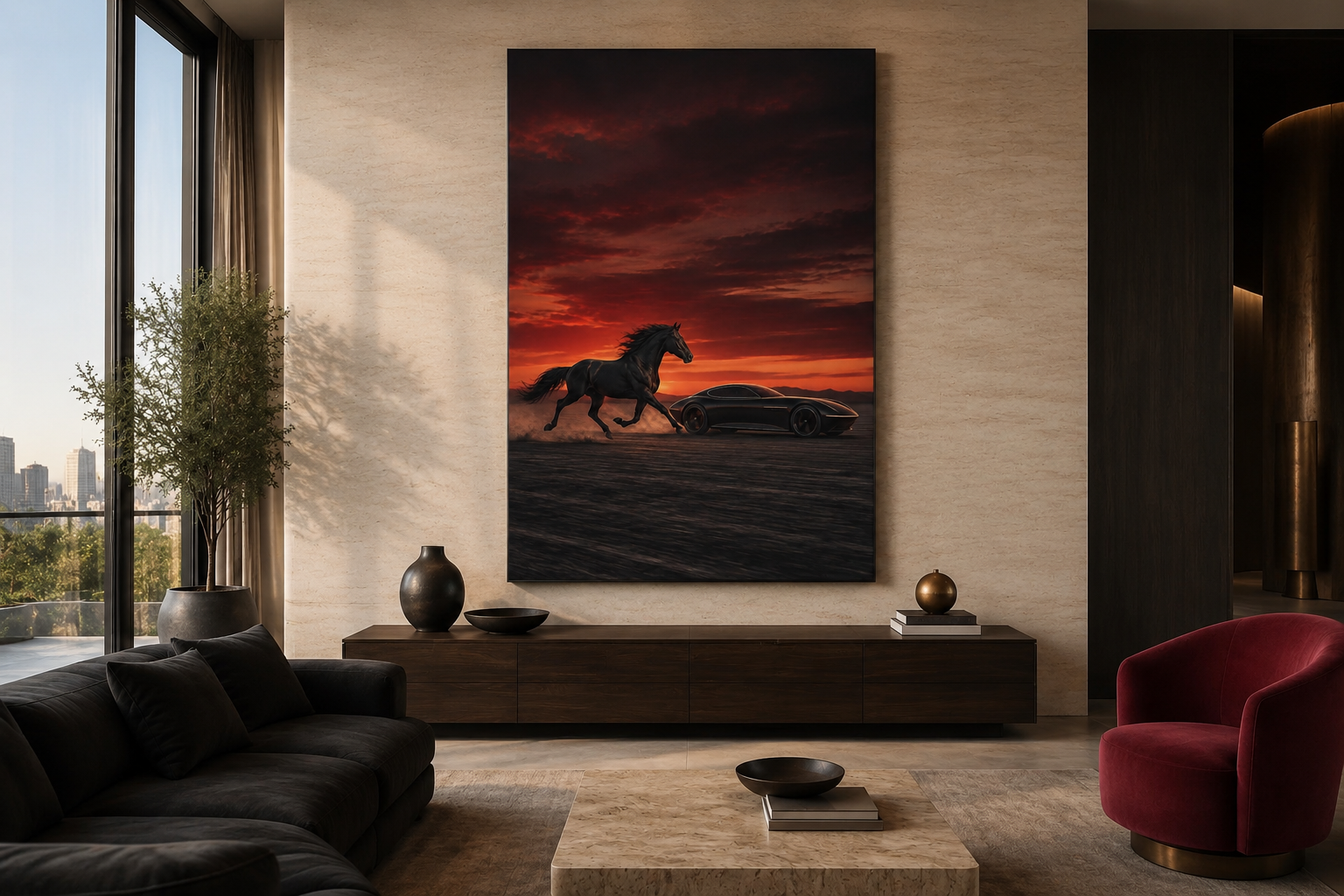 Horsepower Unleashed No. 7 – Black Stallion & Futuristic Car Canvas Wall Art