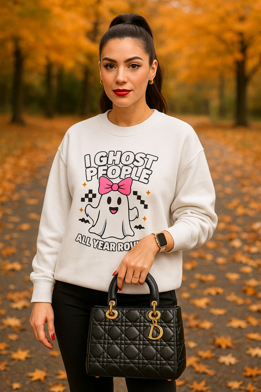 "I Ghost People All Year Round" Funny Halloween Sweatshirt – Cute Spooky Ghost Crewneck for Women – Cozy Fall Graphic Pullover