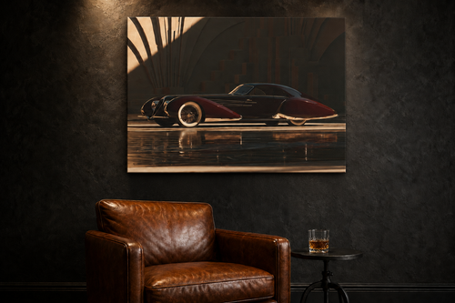 No. 7 Art Deco Vintage Car Canvas Art | Luxury Retro Automotive Print | Sleek Black & Crimson Pre-War Streamliner Decor